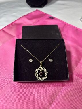 Gold Crystal Braided Birthstone February Pendant Necklace & Stud Earrings Set